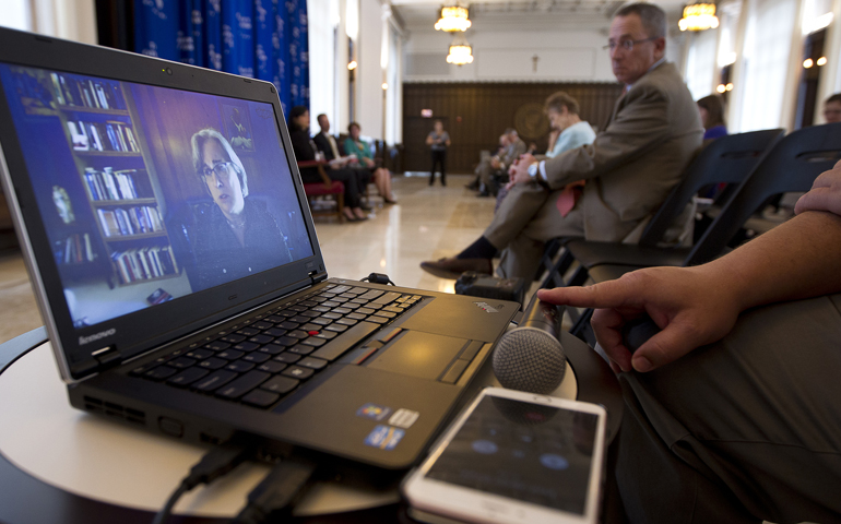 Janet Smith talks via Skype Sept. 20 at The Catholic University of America in Washington. (CNS/Tyler Orsburn)