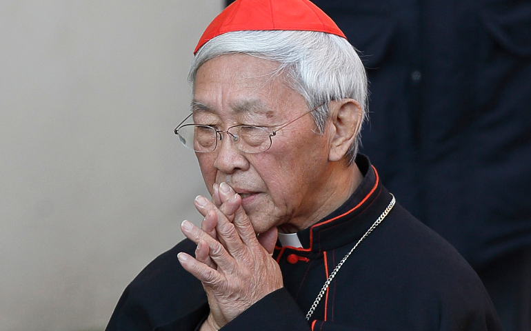 Cardinal Joseph Zen Ze-kiun, retired bishop of Hong Kong, prays before Pope Benedict XVI's final public appearance as pope in 2013 at Castel Gandolfo, Italy. (CNS/Paul Haring)