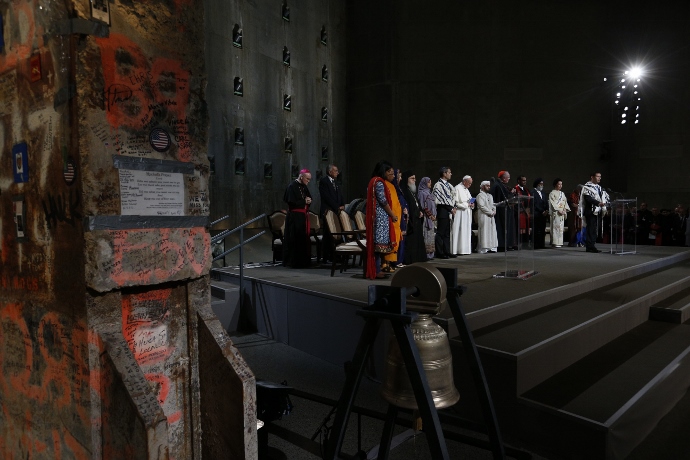 Pope Francis joins representatives of religious communities for meditations on peace in Foundation Hall at the ground zero 9/11 Memorial and Museum in New York Sept. 25. (CNS photo/Paul Haring)