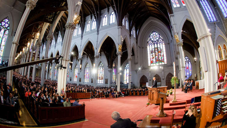 U.S. President Barack Obama addresses the congregation during the "Healing Our City" interfaith memorial service April 18 at the Cathedral of the Holy Cross for the victims of the Boston Marathon bombing. (CNS photo/Gregory L. Tracy, The Pilot)