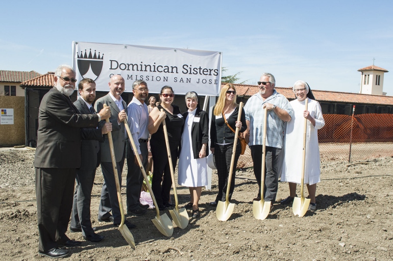 Architects and project engineers turned the earth together March 19 with sisters: pictured from left to right are Sandy Barker and Daren Wagoner of Barker & Wagoner Assoc.; Ken Huesby and Bart Locsin of Hillhouse Construction; Gabriela Silva, Barker & Wagoner; Congregational Prioress Dominican Sr. Gloria Marie Jones; Tina Irvin and John Kellerby, Hillhouse; and Motherhouse Administrator Dominican Sr. Rose Marie Hennessy. (Courtesy of Dominican Sisters of Mission San Jose)