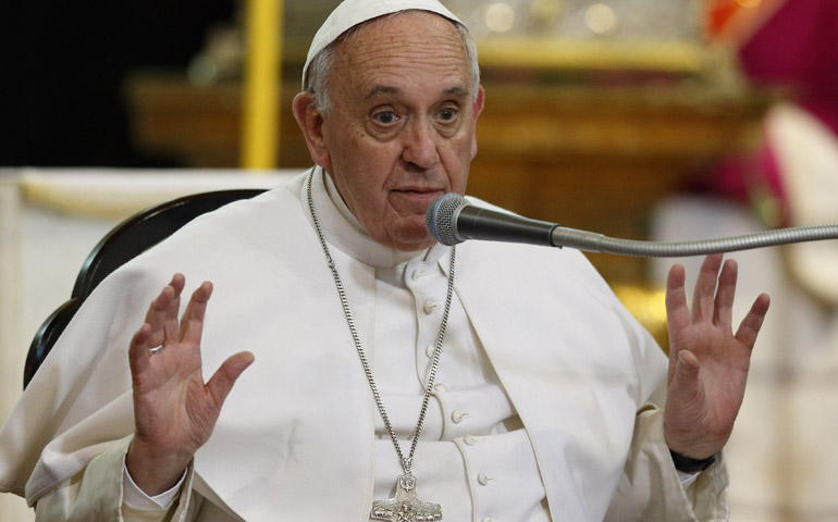 Pope Francis speaks during a meeting Saturday with religious at the cathedral in Naples, Italy. (CNS/Paul Haring) 