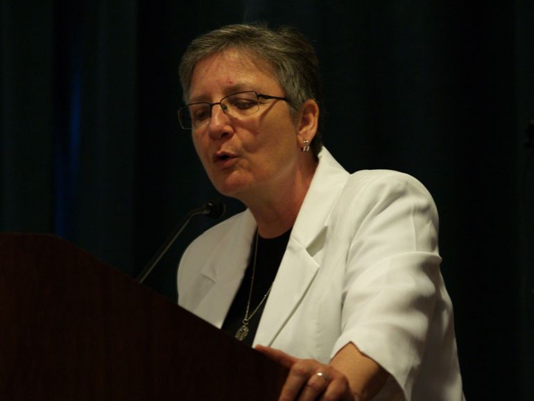 Mercy Sr. Mary Pat Garvin addresses the UISG assembly May 5. (NCR photo/Robyn J. Haas)