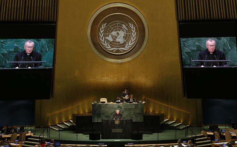 Cardinal Pietro Parolin, the Vatican's secretary of state, addresses the 69th U.N. General Assembly on Monday in New York. (CNS/Reuters/Mike Segar)