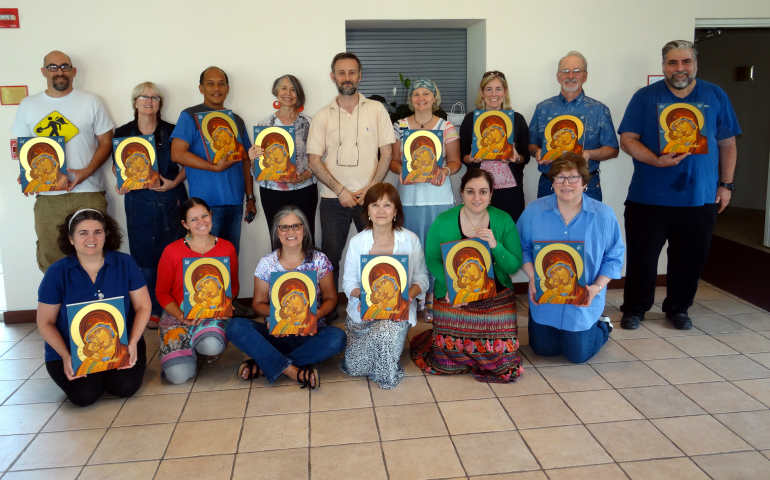 Students show off their finished paintings after the workshop at St. Sophia Greek Orthodox Cathedral in Washington, D.C. (RNS/Theodoros Papadopoulos)