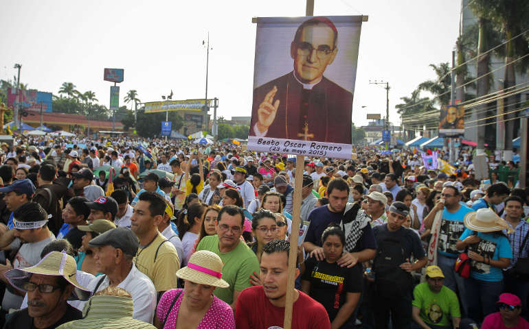 Pilgrims gather for Archbishop Oscar Romero's beatification Mass in the Divine Savior of the World square in San Salvador May 23. (CNS/Oscar Rivera, EPA)