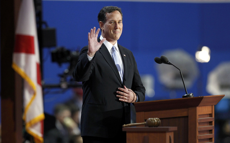 Former U.S. Republican presidential candidate Rick Santorum at the second session of the Republican National Convention in Tampa, Fla., in August 2012. (CNS/Reuters/Mike Segar)