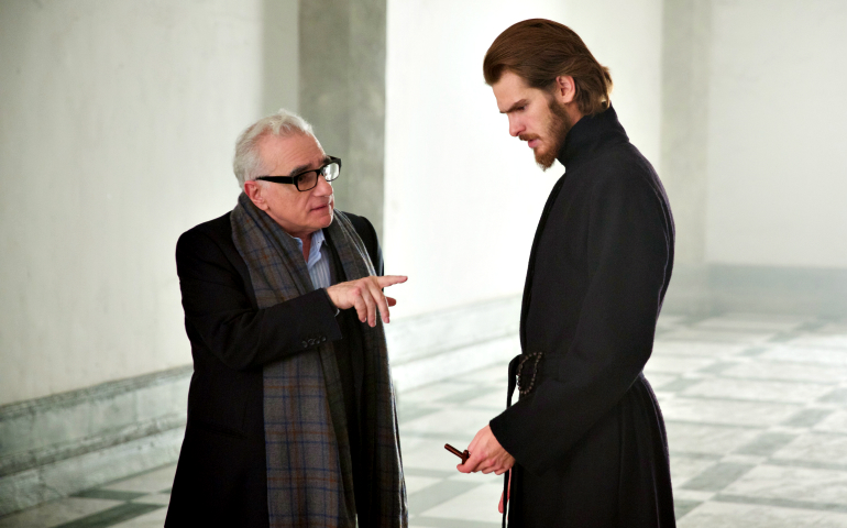 Director Martin Scorsese speaks to actor Andrew Garfield on the set of the film "Silence." (Paramount Pictures, SharpSword Films and AI Films/Kerry Brown)