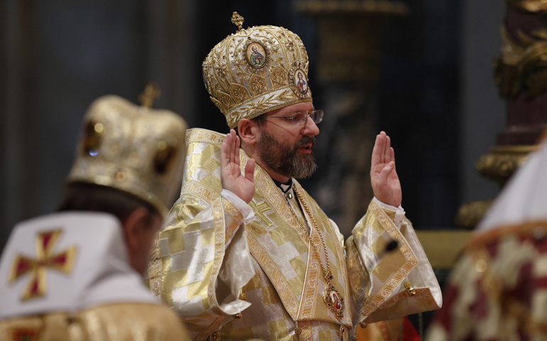 Archbishop Sviatoslav Shevchuk of Kiev-Halych, leader of the Ukrainian Catholic Church, prays during a Feb. 19 Divine Liturgy for Ukrainian expatriates at the Basilica of St. Mary Major in Rome. (CNS/Paul Haring)