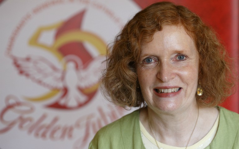 Michelle Moran, president of the Vatican-based International Catholic Charismatic Renewal Services, is pictured before a press conference at the Vatican May 30. Leaders of the Catholic charismatic movement were gathering in Rome to celebrate the 50th anniversary of the charismatic renewal. (CNS photo/Paul Haring)