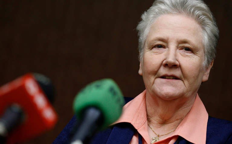 Marie Collins at a press conference in downtown Rome in 2012. (CNS file photo)