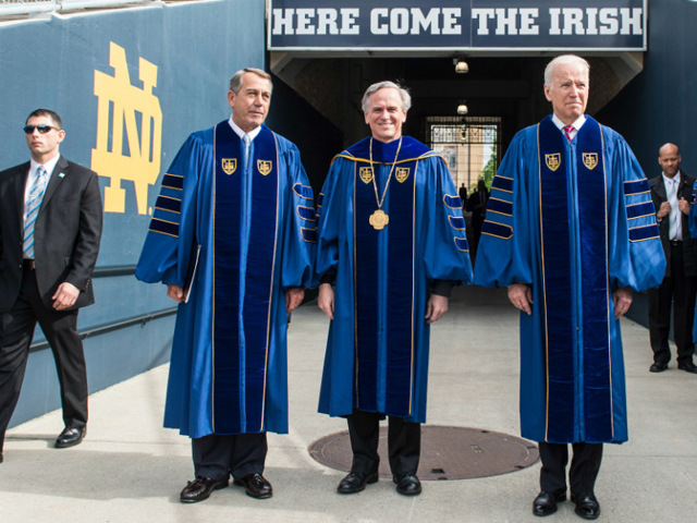 Former House Speaker John Boehner, University of Notre Dame president Rev. John Jenkins and Vice President Joe Biden enter the school's commencement ceremony on May 15, 2016, where the politicians were awarded the Laetare Medal. (University of Notre Dame)