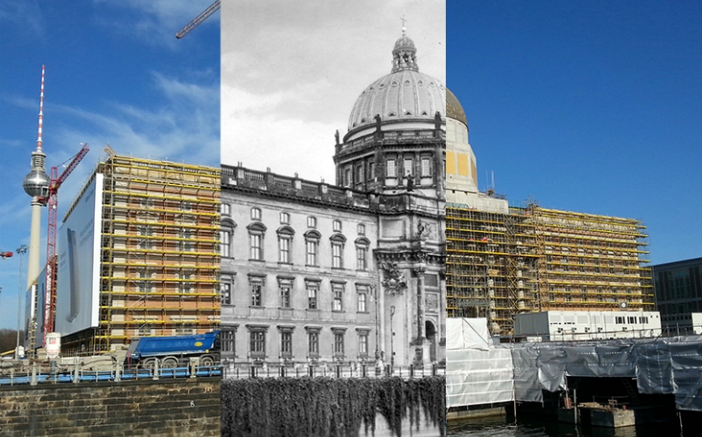 A 1920s image of the Berlin City Palace is overlaid on the final stages of construction on March 24, 2017. (Courtesy of Creative Commons)