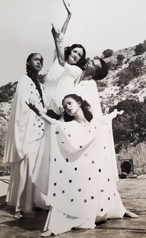 Bradeline Brown, Carla De Sola, Consuelo Zúñiga-West and John West in "God's Troubadour," in the Valyermo Bowl in 1977 (Courtesy of Valyermo Dancers Collection)