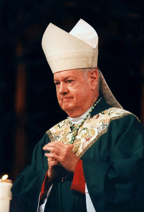 Then-Cardinal-designate Edward M. Egan celebrates Mass Jan. 21, 2001, at St. Patrick's Cathedral in New York. He said that being named a cardinal was an honor ''first and foremost for the Archdiocese of New York.'' (CNS/Catholic New York/Maria Bastone)