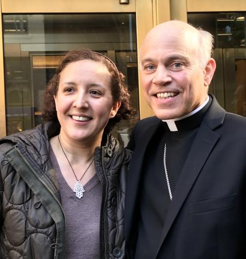 Archbishop Salvatore Cordileone stands with Yadira Mejia, wife of Hugo Mejia, outside the Sansome Federal Building in San Francisco Nov. 21. (CNS/Catholic San Francisco/Valerie Schmalz)