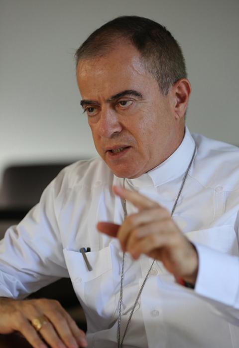 Archbishop Roberto Gonzalez Nieves of San Juan, Puerto Rico, gestures during an interview with a Catholic News Service reporter Oct. 25, 2017, in San Juan. (CNS/Bob Roller)