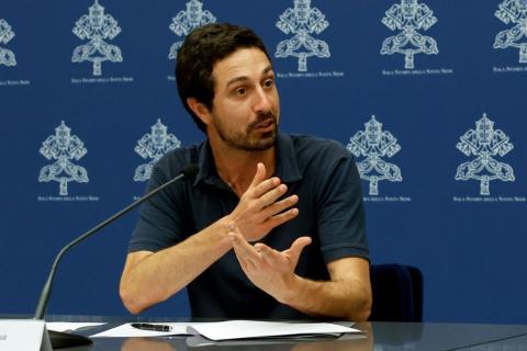 Tomás Insua, executive director of the Laudato Si' Movement, gestures during a news conference at the Vatican May 25, 2023, to present Pope Francis' message for the World Day of Prayer for the Care of Creation. (CNS/Lola Gomez)