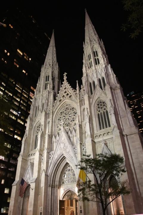 Looming cathedral edifice lit-up against night sky