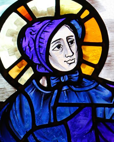 St. Elizabeth Ann Seton is depicted in a stained-glass window at St. Thomas the Apostle Church in West Hempstead, New York. (CNS/Gregory A. Shemitz)