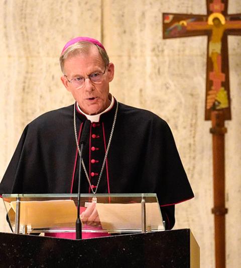 Archbishop John Wester of Santa Fe, New Mexico, offers a reflection on the urgent need for nuclear disarmament during a prayer service for United Nations diplomats at the Church of the Holy Family in New York City Sept. 12, 2022. (OSV News/Gregory A. Shemitz)