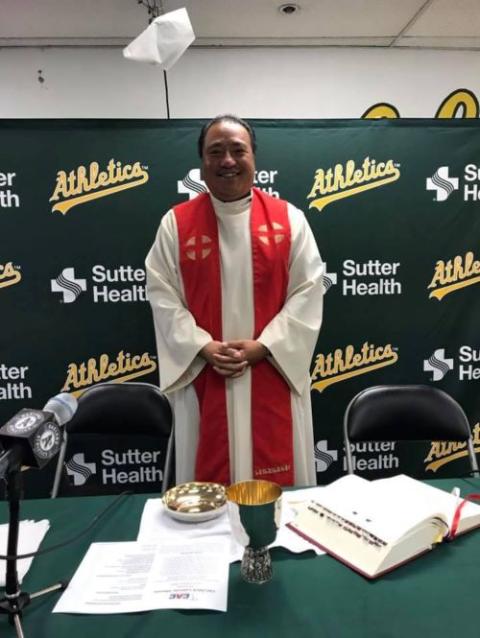 Fr. Jayson Landeza celebrated his final Mass for the Oakland A's Oct. 22 as the game played its final Sunday home game at the Oakland Coliseum.