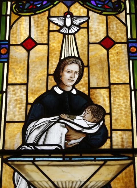 Henriette Delille, who founded the Sisters of the Holy Family in New Orleans in 1842, is depicted in a stained-glass window at St. Louis Cathedral in New Orleans. (CNS/Gregory A. Shemitz)