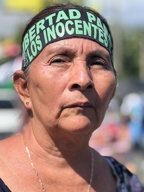 Berta Aguilar de Durán marches in San Salvador, El Salvador, Jan. 12, 2025, during a demonstration to call attention to those like her son, imprisoned in the country after being deported from the United States. (NCR photo/Rhina Guidos)