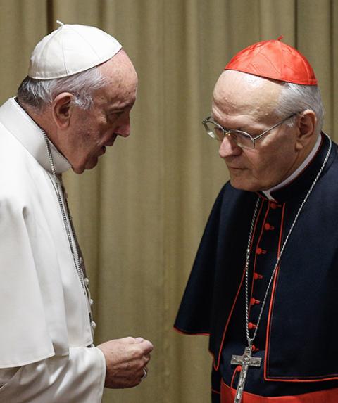 Pope Francis talks with Cardinal Peter Erdo before a session of the synod on the family at the Vatican Oct. 24, 2015. (CNS/Paul Haring)