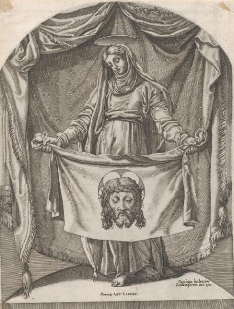 Beginning in the late 1470s, the papacy used print to foster the cult of saints and to encourage pilgrimages to Rome. Above is a print (circa 1540-66) by French artist Nicolas Beatrizet that depicts Veronica with the veil said to have touched Jesus' face 