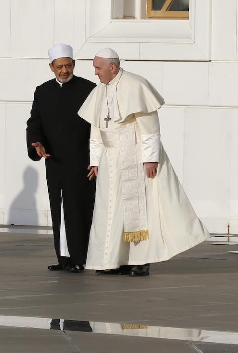 Pope Francis, right, with Sheik Ahmad el-Tayeb, grand imam of Egypt's al-Azhar mosque and university in Abu Dhabi, United Arab Emirates, Feb. 4, 2019 (CNS/Paul Haring) 