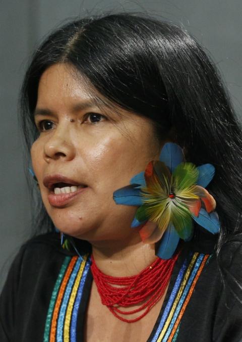 Patricia Gualinga speaks at a news conference to discuss the Synod of Bishops for the Amazon at the Vatican Oct. 17, 2019. (CNS/Paul Haring)