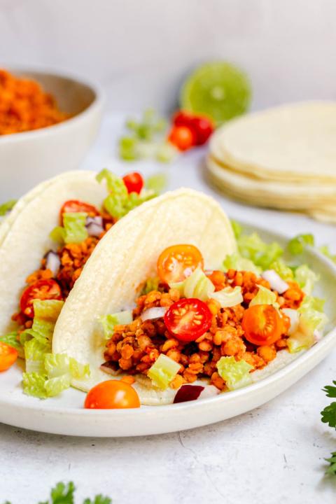 Red lentil tacos with tomatoes and lettuce (At Elizabeth's Table/Elizabeth Varga)