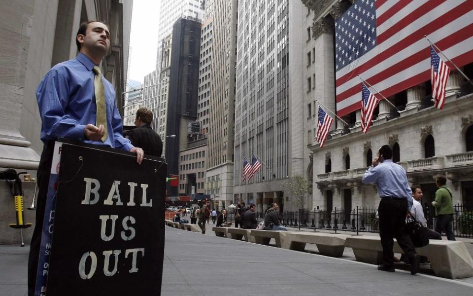 A man demonstrates outside the New York Stock Exchange Oct. 13, 2008.