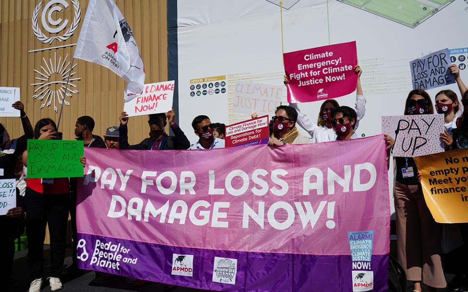 Climate activists, including religious leaders, demonstrate at the COP27 U.N. climate summit on Nov. 11, 2022, in Sharm el-Sheikh, Egypt, calling for increased funding for climate action. (NCR photo/Doreen Ajiambo)