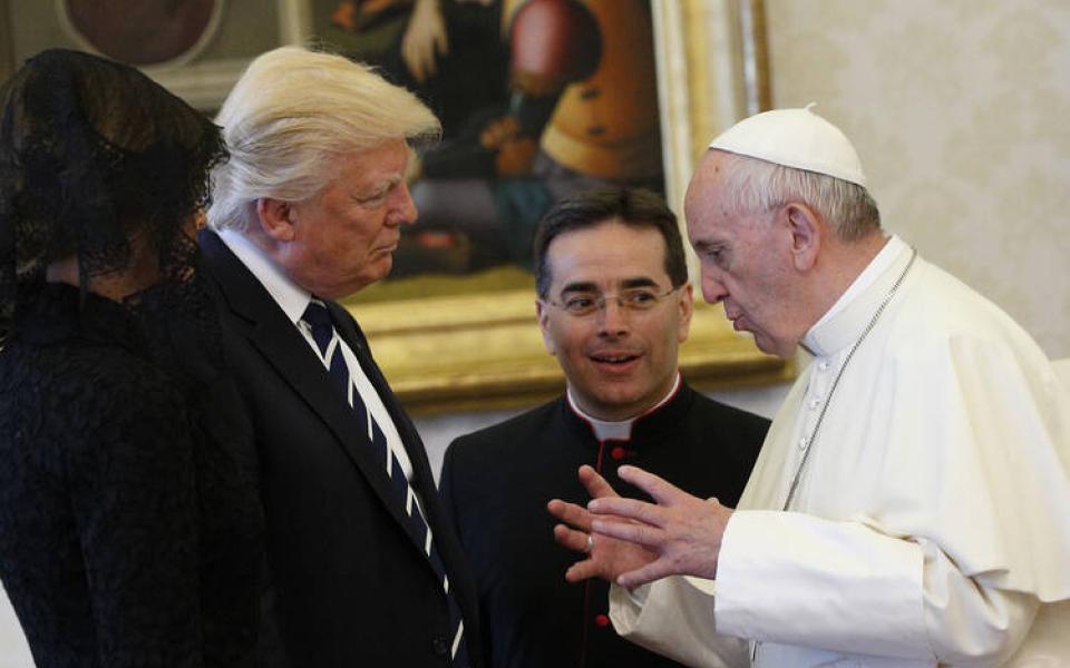 Pope Francis talks with U.S. President Donald Trump during a private audience at the Vatican May 24 (CNS photo/Paul Haring).