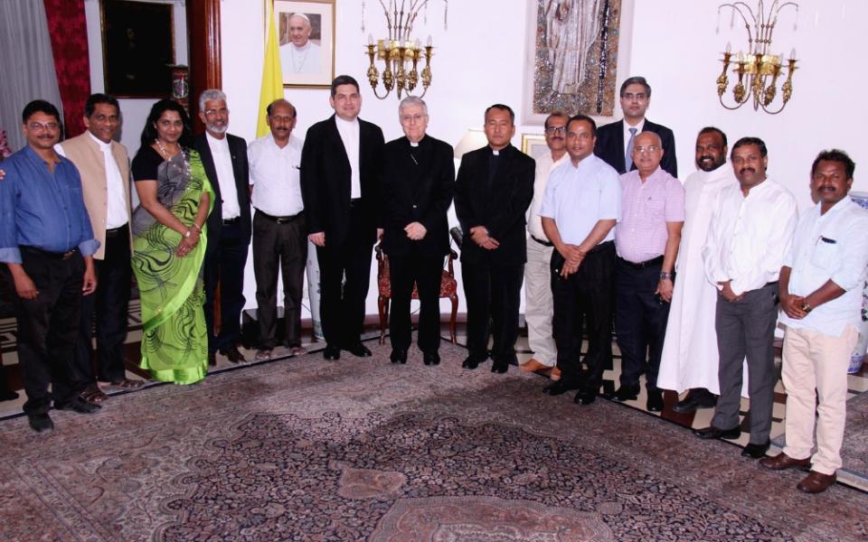 Archbishop Giambattista Diquattro (center), who was apostolic nuncio to India and Nepal from Jan. 21, 2017, to Aug. 29, 2020, with a group of Christian media persons in New Delhi on April 25, 2018 (Provided photo)