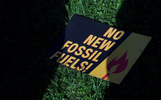 A sign protesting fossil fuels is seen on the lawn outside of the U.S. Capitol during a protest in Washington Oct. 18, 2019. (CNS/Reuters/Sarah Silbiger)