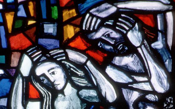 Adam and Eve are depicted in a stained-glass window at St. Nicolas Church in Feldkirch, Austria. In "The Making of Biblical Womanhood: How the Subjugation of Women Became Gospel Truth," historian Beth Allison Barr writes that "Biblical womanhood is Christ