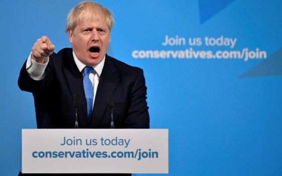 Boris Johnson speaks after being announced as Britain's next prime minister July 23 at the Queen Elizabeth II Centre in London. (CNS/Reuters/Toby Melville)