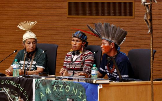 Dona Zenilda with the Xucuru people; Ednamar de Oliveira Viana, a leader of the Satere-Mawe people; and Francisco Chagas Chafre de Souza, a leader of the Apurina, all three from Brazil (CNS/Paul Haring)