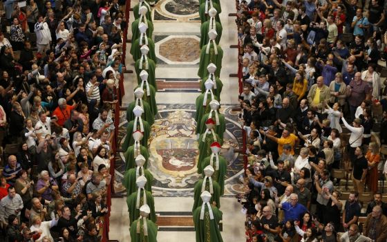 Bishops walk in procession as they arrive for the concluding Mass of the Synod of Bishops for the Amazon celebrated by Pope Francis at the Vatican Oct. 27. (CNS/Paul Haring)