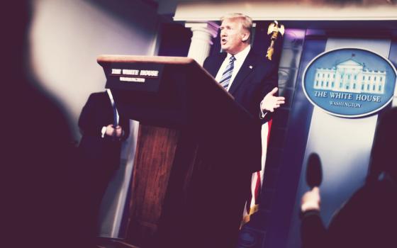 President Donald Trump speaks during the daily coronavirus disease outbreak task force briefing at the White House in Washington April 21. (CNS/Reuters/Jonathan Ernst)