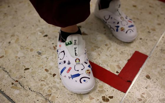 A nurse's shoes are seen in the COVID-19 intensive care unit at Providence St. Joseph Medical Center in Burbank, California, Nov. 19, 2020. (CNS/Reuters/Lucy Nicholson)