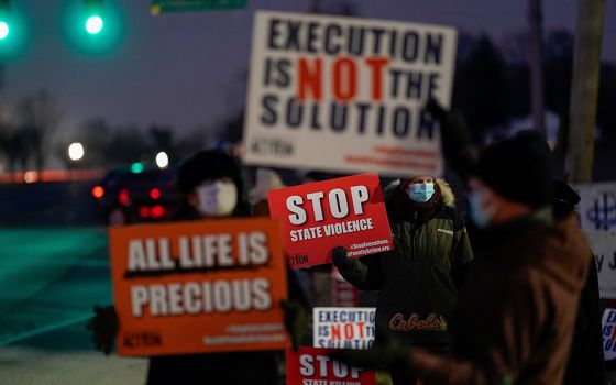 Demonstrators in in Terre Haute, Indiana, gather to protest the execution of Lisa Montgomery Jan. 12. She was put to death by lethal injection early Jan. 13 at the federal prison in Terre Haute. (CNS)