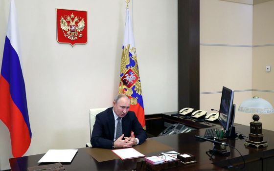 Russian President Vladimir Putin takes part in a video conference call with members of the U.N. Security Council Jan. 15, 2021, at the Novo-Ogaryovo state residence outside Moscow. (CNS/Sputnik, Mikhail Klimentyev, Kremlin via Reuters)