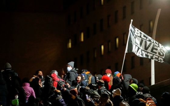 People in Rochester, New York, react Feb. 23, after a New York grand jury voted not to indict police officers in Daniel Prude's death. Prude, a Black man, died after police put a spit hood over his head during an arrest March 23, 2020. (CNS/Lindsay DeDari