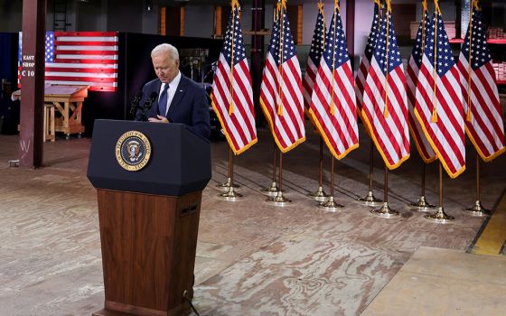 President Joe Biden speaks about his $2.2 trillion infrastructure plan at Carpenters Pittsburgh Training Center March 31 in Pittsburgh. The proposed package has funding for broadband, housing, the electric grid, roads and bridges, and other areas. It will