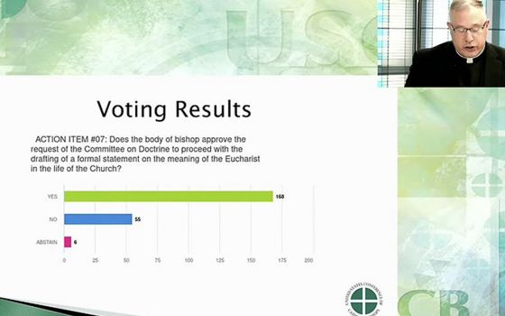 Msgr. Jeffrey D. Burrill, general secretary of the U.S. Conference of Catholic Bishops, reads voting results June 18, on a proposal that the U.S. Conference of Catholic Bishops' doctrine committee draft a formal statement on "the meaning of the Eucharist 