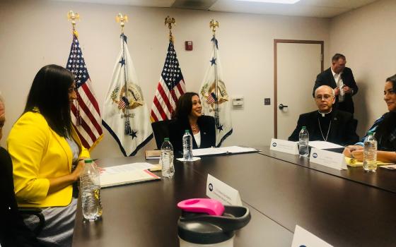 Bishop Mark J. Seitz of El Paso, Texas, meets with Vice President Kamala Harris in El Paso June 25, 2021, during her first trip to the border as vice president to talk about immigration. Harris traveled to a border point of entry and met with faith groups